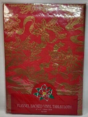 Town & Country Christmas TABLECLOTH 52" Square Flannel Backed Vinyl Red Gold NOS